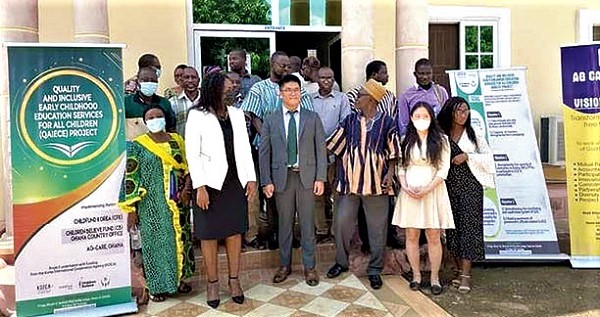 BoSung Jeang (middle), Deputy Country Director of KOICA; Esenam Kavi (left), Country Manager of Children Believe, and some participants and stakeholders